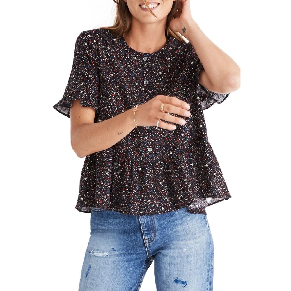 Madewell red white and blue Star Ruffle peplum short sleeve top